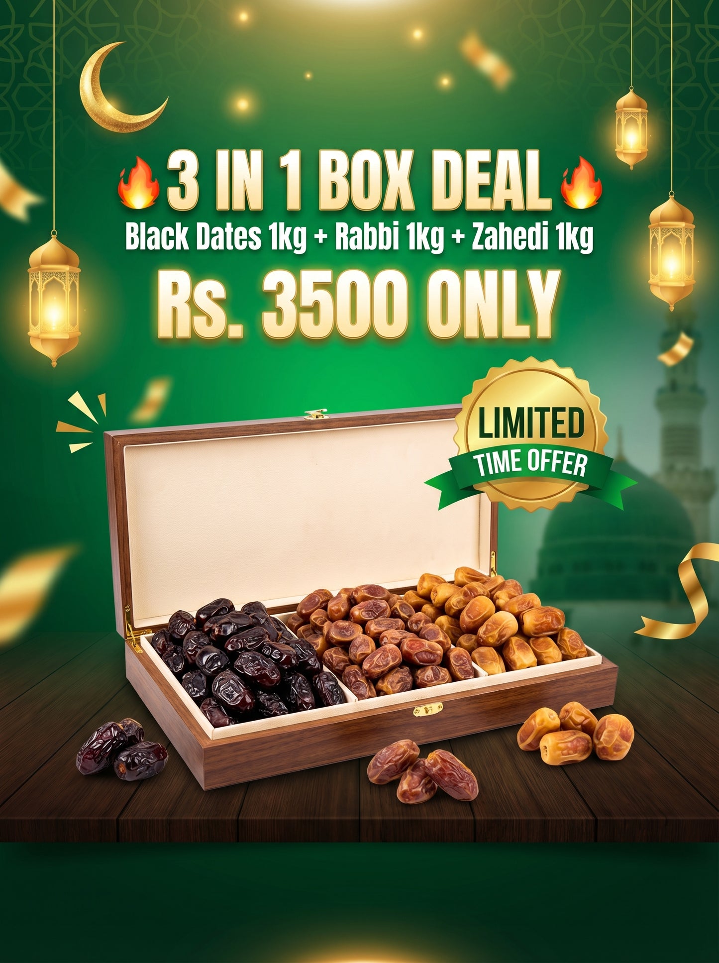 3 in 1 Box Deal ( Rabbi 1kg + Zahidi 1kg + Black dates 1kg)